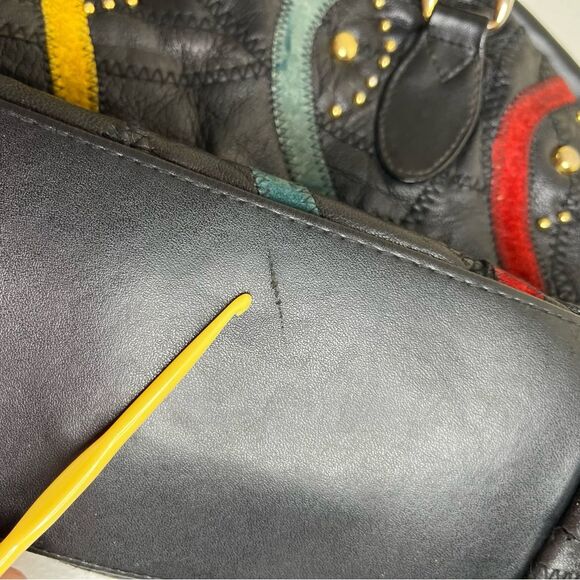 Vintage Black Patchwork Suede Studded Shoulder Handbag Faux Leather Multicolor - Picture 9 of 14